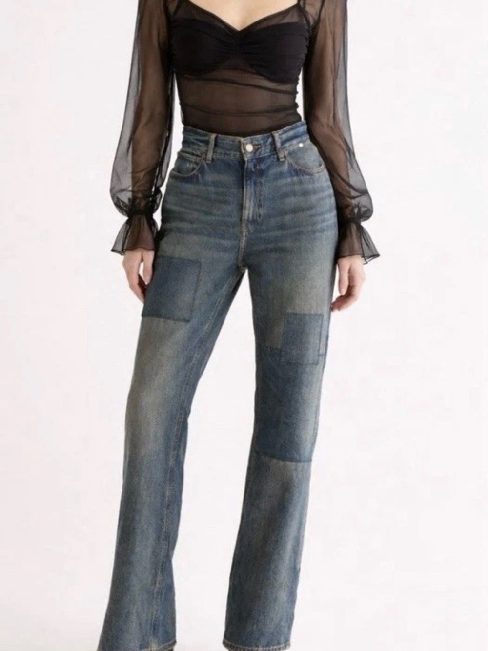 Good American Patchwork Straight Leg Jeans - Medium Blue